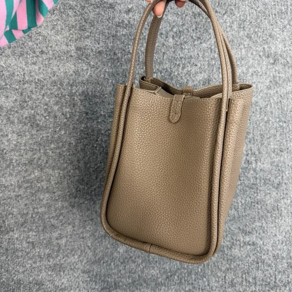 Songmont Mini Tote Bag in Taupe Pebbled Leather Top Handle Bucket Minimalist